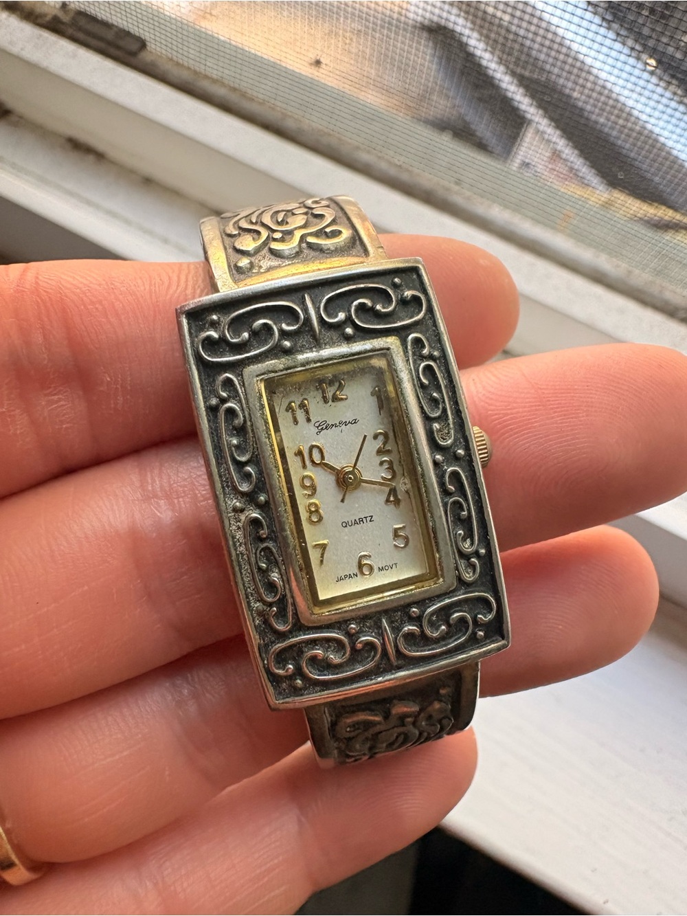 Vintage Geneva Silver-Tone Ornate Rectangular Bracelet Watch